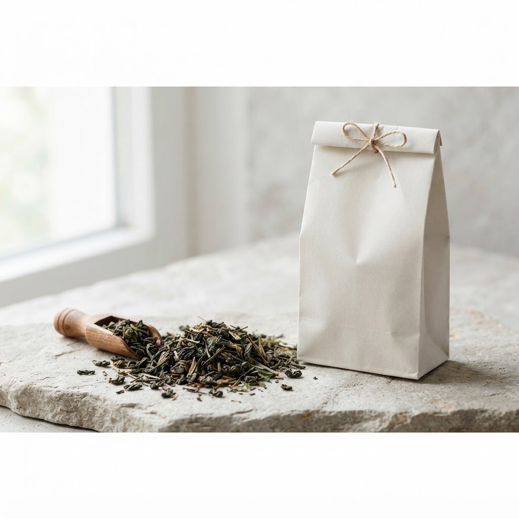 TRINOVA tea packaging with loose dry tea leaves on a natural stone surface